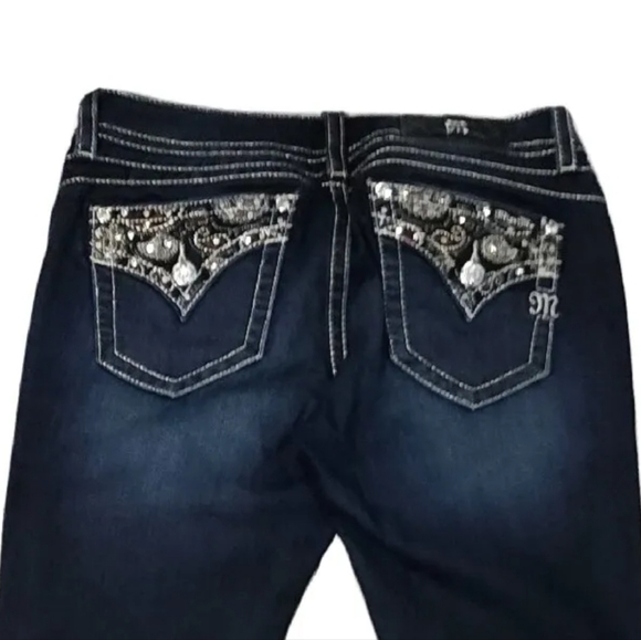 Miss Me jeans Sz 28 Signature Boot Stretch Denim Low Rise Red Bling Dark EUC - Picture 11 of 14